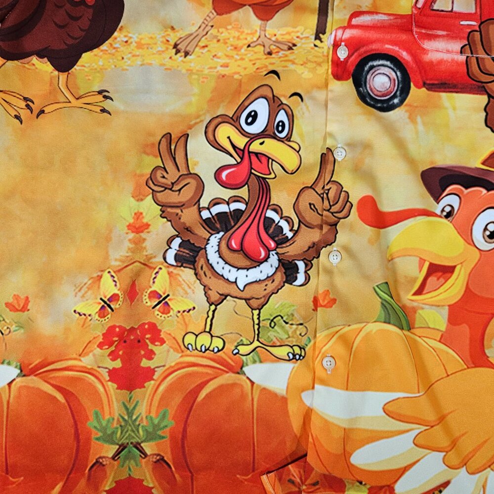 Turkey Thanksgiving Colorful Button Short Sleeve Shirt Men's Size 4XL Funny - Picture 4 of 6